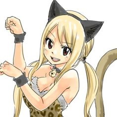 an anime character with long blonde hair and black cats on her head, posing for the camera