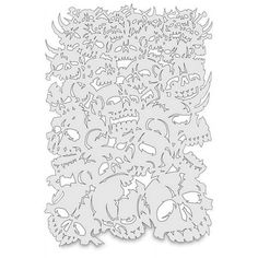 a large pile of cut outs with skulls and cats on the bottom, in white