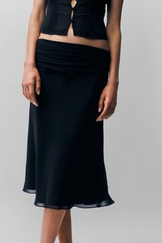 Eda Skirt in Black Danielle Guizio, Black Xs, Knee Length Skirt, Midi Length, Side Zipper, Plum, Knee Length, Chiffon, Composition