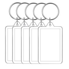 six blank tags hanging from a metal hook on a white background with clippings