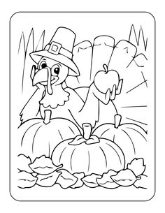 a coloring page with a turkey and pumpkin