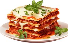 a stack of lasagna on a plate with sauce and basil sprigs