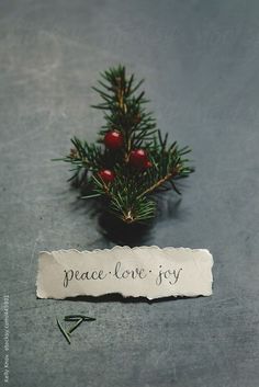 a piece of paper with the words peace love joy written on it next to a pine branch