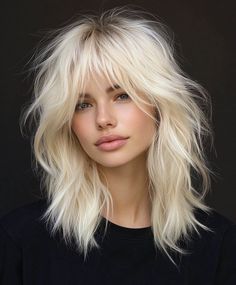 The classic messy platinum blonde shag is perfect for adding texture and volume to fine hair. The layers create a tousled, carefree look, while the platinum blonde color adds a modern and edgy twist. Blonde Hair Alternative, Platinum Blonde Hair With Bangs, Fine Hair Shag Haircut, Blonde Shag With Bangs, Blonde Wolf Cut Short, Wolf Cut Fine Hair, Blond Shag, Platinum Blonde Shag, Hair Color Ideas Platinum Blonde