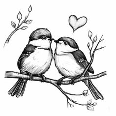 two birds sitting on top of a tree branch with hearts in the sky behind them