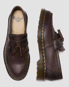 Adrian Crazy Horse Leather Tassel Loafers | Dr. Martens Docs Shoes, Dr Martens Loafers, Brown Dr Martens, Dr Martens Adrian, Clothing Aesthetic, Brown Loafers, Mens Outfit Inspiration, Shoe Inspo, Swag Shoes