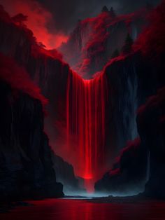 a waterfall with red water flowing from it's sides into a lake surrounded by mountains