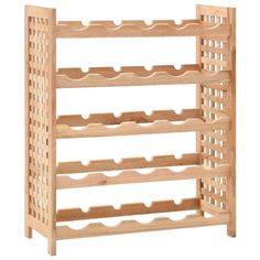 a wooden wine rack with several bottles on it's sides and two rows of holes in the middle