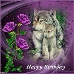 a happy birthday card with two wolfs and purple roses on the bottom right corner