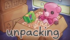 a pink pig sitting in a cardboard box filled with boxes and other items that say unpacking