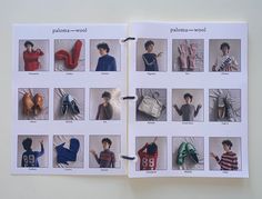 an open book with pictures of people in sweaters and handbags on the pages