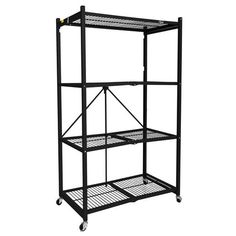 a black metal shelf with four shelves on each side and two wheels attached to it