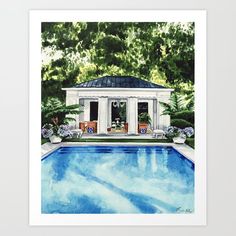 a watercolor painting of a pool and gazebo