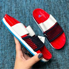 Brand: Adidas X Stella Mccartney Style: Stella-Lette Slide Sandals Color: Red/White/Blue Size: Us Women's 6 Condition: New With Tags, No Box. Inventory: 787562321 Adidas Blue Sandals For Spring, Spring Blue Adidas Sandals, Adidas Casual Sport Sandals For Summer, Summer Adidas Slides, Adidas Blue Slip-on Sandals, Trendy Red Slide Sandals, Casual Red Sport Sandals For Summer, Adidas Blue Synthetic Sandals, Adidas Blue Open Toe Sandals