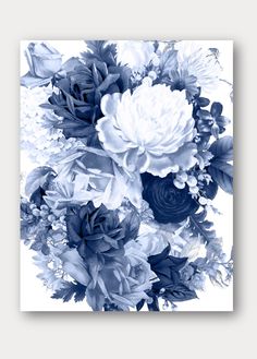 blue and white flowers are arranged in this floral arrangement on a square canvas wall art print