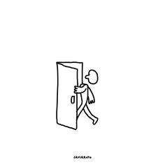 a drawing of a person entering a door