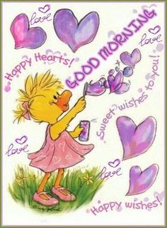 a happy valentine's day card with a cartoon character holding a cup and hearts