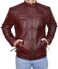 Men maroon biker leather jacket, men maroon genuine leather jacket Biker Leather Jacket Men, Quilted Leather Jacket, Mens Leather Jacket, Leather Jackets For Men, Maroon Jacket, Mens Outerwear Jacket, Casual Leather Jacket, Cafe Racer Jacket, Biker Leather Jacket