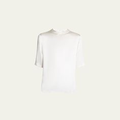 Saint Laurent T-shirt in solid silk crepe with a satin finish Mock neckline; two-button fastening at back Short sleeves Relaxed fit Pullover style Made in Italy Elegant Silk Crew Neck Top, White Silk Short Sleeve Top, Elegant Short Sleeve Silk Top, Elegant Fitted Mock Neck Top, Formal Fitted Short Sleeve Top, Formal Silk Short Sleeve Tops, Elegant White Fitted T-shirt, Silk T Shirt, Mock Neckline