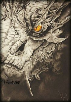 an artistic drawing of a dragon with yellow eyes and large, sharp fangs on its face