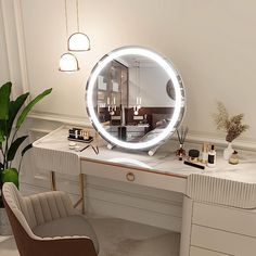 a white desk topped with a round mirror next to a chair and potted plant