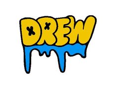 the word dren painted in blue and yellow with dripping paint on it's bottom