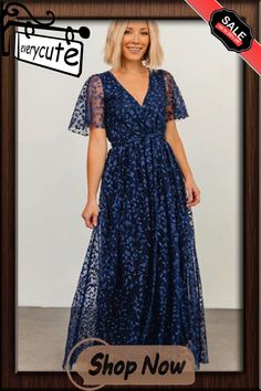 Blue Embossed Wrap V Neck Maxi Dress Blue A-line Maxi Dress For Wedding Guest, Blue Flutter Sleeve Midi Dress For Evening, Blue Short Sleeve Maxi Dress For Bridesmaids, Blue Maxi Dress With Short Sleeves For Bridesmaid, Blue Flutter Sleeve Dress For Wedding, Blue Short Sleeve Dress For Wedding Guest, V Neck Maxi Dress, Women Dresses, Maxi Dresses