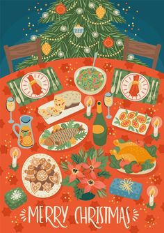 a christmas table with food and drinks on it, surrounded by the words merry christmas