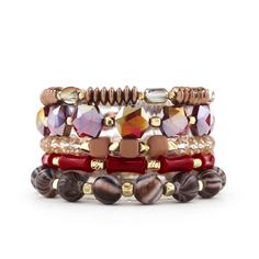 Elevate your fall style with Cider Stack, an elegant bracelet stack showcasing warm hues and deep shades of red and tan. The perfect accessory to add a touch of sparkle to any outfit. Upgrade your look with this must-have fall accessory. Lead & Nickel Free All separate pieces Bracelets are 'one size fits most' and are designed to fit wrists up to 7.5" comfortably. Please be aware that due to the unique and handmade nature of each product, colors, shapes, and bead sizes may vary slightly from the Trendy Brown Bracelets For Party, Adjustable Burgundy Bracelets, Trendy Red Stackable Beaded Bracelets, Elegant Brown Bracelets For Party, Trendy Red Stackable Bracelets, Erimish Bracelets, Outfit Upgrade, Dress Purse, Bead Sizes