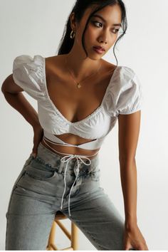 White Puff Sleeve Sweetheart Crop Top - Strappy Cutout Top Feminine Cropped Top For Vacation, Feminine Cropped Top For Brunch, Flirty Cropped Top For Spring, Chic Low-cut Crop Top For Spring, Flirty Cropped Top For Brunch, Summer Tied Crop Top, Flirty Cropped Crop Top For Day Out, Flirty Cropped Top For Day Out, Summer Cropped Tie Crop Top