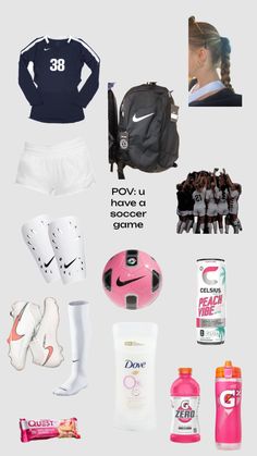 an assortment of sports gear including shoes, backpack and water bottle