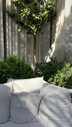 a white couch sitting in front of a tree