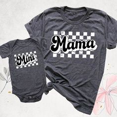 Mama Mini Matching Checkered Shirt, Mom and Baby Tshirt, First Mothers Day Gift Tee, Retro New Mommy Outfits, Mommy and Me Checkered Shirts Hello, Thanks for your support. Your gladness comes first and all work is done with Love in here. Always keep your support, please:) Our 1st Mother's Day Shirts are branded Bella+Canvas.  Our 1st Mother's Day Shirt  Contents: - Solid colors: %100 Cotton.  - Heather colors: %52 Cotton + %48 Polyester* This ultra-soft graphic tee is made from a comfortable cot Plaid Cotton Tops With Letter Print, Family Matching Gray Tops With Letter Print, Gray Family Matching Tops With Letter Print, Gray Tops With Letter Print For Family Matching, First Mothers Day Gifts, Mommy Outfits, Checkered Shirt, First Mothers Day, Mothers Day Shirts