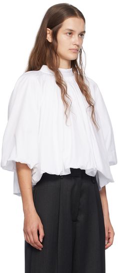 Cotton poplin blouse. Gathering throughout. · Band collar · Bubble hem · Balloon sleeves · Self-tie bow accent at back collar · Zip closure at back Supplier color: White Balloon Blouse, Poplin Blouse, Bubble Hem, Tie Bow, Band Collar, Balloon Sleeves, Cotton Poplin, Color White, Balloons