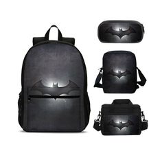 Backpack   Size: 30*14*45 CM /11.81*5.51*17.72 IN     weigt: 0.46 kg / 1.01lb 1.Material: 100% polyester 2.Front zip pouch for quick access. 3.Suitable for school students. 4.The large capacity of daily necessities Insulated Lunch Bag    Size: 23.5*14*19 CM /9.25*5.51*7.48 IN   weigt: 0.2kg / 0.44 lb 1.Two handles that Velcro together 2.Removable shoulder strap 3.Zip around closure with front zip pocket and two side mesh pockets 4.Easy-to-clean insulated lining Crossbody Bag   Size: 18.5*6.5*24. Lunch Backpack, Batman Bag, Batman Backpack, Cute Mini Backpacks, Backpack Set, Kids School Backpack, Kids Lunch Bags, Mini Backpacks, Pen Bag