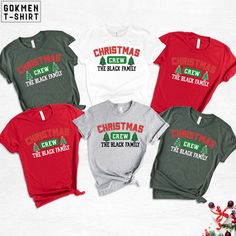 Custom Christmas Crew Shirts, Christmas Family Shirts, Christmas Tree Tee, Christmas Party Shirts, Matching Christmas Shirts, Holiday Shirts We wish everyone to smile with our cute, stylish, and trendy graphic T-shirts. We assure you this shirt is the perfect gift whether you buy it for yourself or someone else. Black text is only used for White, Athletic Heather, Baby Blue, Natural, Orange, Yellow, Heather Peach, Pink, Mint, Cancun, Banana Cream, and Desert Pink colored shirts. White text is used for other colored shirts. Please review all the photos for the appearance of the designs on the shirts. Color and size charts are included in the listing photos. If you have any other design wish that you couldn't find in the shop, do not hesitate to CONTACT us. We are delighted to help you! 💧 C Family Matching Red Christmas Shirt, Black Short Sleeve Holiday Shirt, Black Short Sleeve Shirt For Holiday, Red Family Matching Christmas Shirt, Black Crew Neck Shirt For Christmas, Red Crew Neck Shirt For Holiday, Black Holiday Shirt, Red Crew Neck Holiday Shirt, Christmas Holiday Crew Neck Shirt