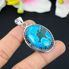 Elegant Blue Turquoise Pendant - Handmade with Love, Copper Turquoise, 925 Sterling Silver Gemstone Jewelry, Perfect Birthday Gift  SKU - KG- 604 Handmade Pendant Gemstone - Blue Copper Turquoise Stone Shape - Oval Metal Purity - 925 Sterling Silver Type : Pendant Jewelry Pendant Height-5. Centimetre Ornazjewels is committed to delivering the best quality sterling silver jewelry to customers. As a handmade jewelry manufacturer, we offer an extensive selection of silver gemstone jewelry that show Sterling Silver Jewelry Handmade, Copper Turquoise, Silver Gemstone Jewelry, Perfect Birthday Gift, Jewelry Manufacturers, Turquoise Pendant, Handmade With Love, Perfect Birthday, Native American Jewelry