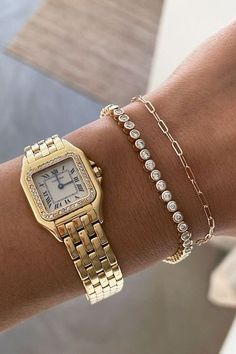 Gold Watch And Bracelet Aesthetic, Women's Luxury Watches, Outfits With Bracelets, Layered Watch And Bracelets, Chic Bracelet Stack, Yellow Gold Jewelry Aesthetic, Gold Watch And Bracelet Stack, How To Accessorize With Jewelry, Stacked Bracelets With Watch