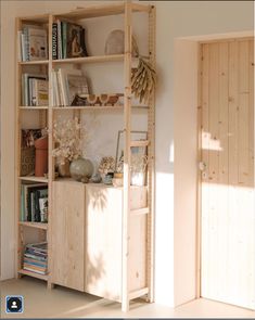 an open book shelf with books on it