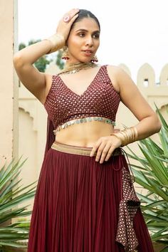 Maroon can can attached lehenga with gota embellished hem. Comes with checkered gota-mirror tassel embellished blouse and dupatta. - Aza Fashions Traditional Sleeveless Lehenga With Gota Work, Unstitched Floor-length Lehenga With Gota Work, Fitted Sleeveless Lehenga With Gota Work, Bohemian Chanderi Lehenga With Gota Work, Maroon And Mustard Lehenga, Kurta Lehenga, Sanya Malhotra, Anushree Reddy, Lehenga Pattern