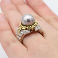 ESTATE AS-NEW CONDITION VERY BEAUTIFUL PEARL RING 18K YELLOW & WHITE GOLD 14.0 GRAMS *TAHITIAN PEARL*  PEARL SIZE:10 MM - GOOD NICE CONDITION (the image shows as if has a dent, but it doesn't) TOTAL DIAMONDS APPROX 1.30 CARAT VERY SHINEY GH- VS-SI FINGER SIZE 6 +GIFT BOX +LAB CERTIFICATE / APPRAISAL  All Stones are Natural ! Vintage Pearl Ring, Tahitian Pearl Ring, Pearl Diamond Ring, Pearl Rings Vintage, Pearl Gifts, Vintage Pearl, Natural Pearl, Tahitian Pearls, Vintage Pearls