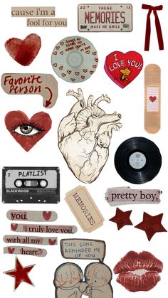 an assortment of stickers and decals on a white background with words, hearts, stars, and other items