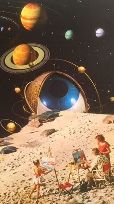 an artist's rendering of the solar system with people painting in front of it