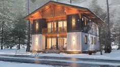 a small house in the middle of a snowy forest with lights on it's windows