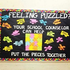 a blackboard with puzzle pieces on it that says, feeling puzzled? your school counselor can help put the pieces together