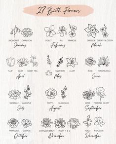 the 25 birth flowers are shown in black and white