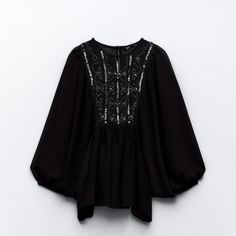 Fit Like S Or M Chic Black Embellished Blouse, Elegant Beaded Black Tops, Elegant Black Beaded Top, Chic Beaded Blouse For Party, Black Elegant Embellished Blouse, Chic Zara Sequined Blouse, Black Beaded Blouse For Party, Zara Embellished Evening Tops, Rhinestone Blouse