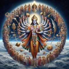 the god is surrounded by many other deities