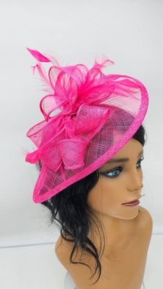 This stunning  piece is sure to turn heads with any outfit. Hot Pink Fascinator. Securely by headband. This will be a great way to add elegance to any,  bridesmaid,  rehearsal dinner,  Wedding guest,  cocktail party, or church outfit. - Ready to ship  - Lightweight - Fast shipping - Customize by adding different color flowers and or feathers Check my store for for styles and colors.  etsy.com/shop/hatsandpearls Find more at my website: Www.hatsandpearls.com  reach out to me if you can't find what you are looking for.  I can make cake custom orders and help you style and match your outfit Carnival Mini Hat With Curved Brim And Adjustable Fit, Fitted Mini Hat Headband For Church, Fitted Headband Fascinator For Carnival, Fitted Wedding Fascinator For Carnival, Adjustable Wide Brim Costume Hat For Parties, Adjustable Summer Headpieces For Events, Fitted Kentucky Derby Fascinator Hat, Kentucky Derby Fitted Fascinator Hat, Fitted Cloche Fascinator For Kentucky Derby