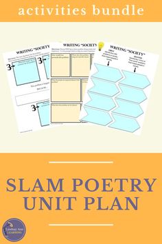 the book slam poetry unit plan is shown in blue and yellow, with text that reads writing